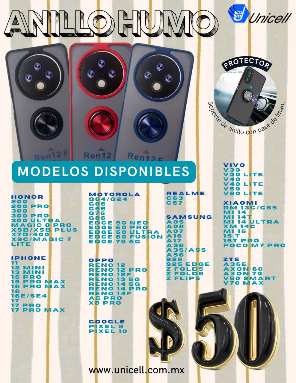 Promoción funda Anillo Humo con soporte de imán a $50 — Unicell mayoreo